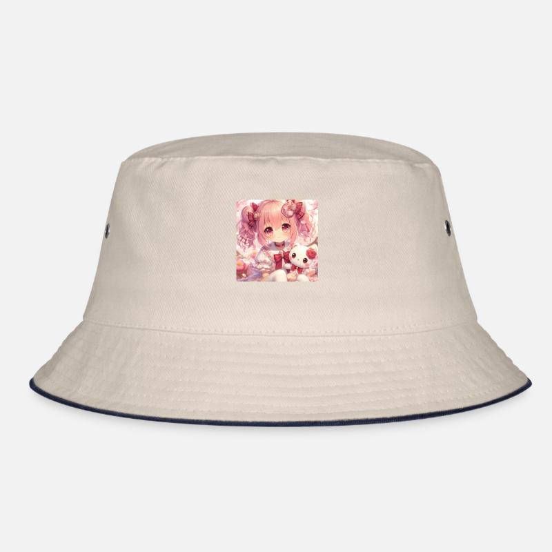 Kleines Mädchen mit ihrer japanischen Anime-Puppe Bucket Hat