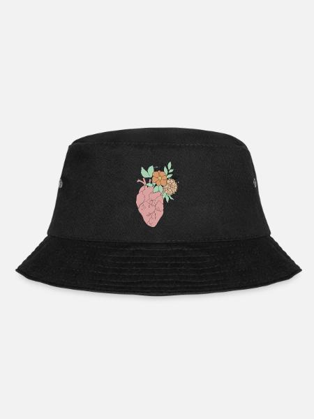 anatomisches Herz mit Blumen, Outline weiß - Bucket Hat - Schwarz