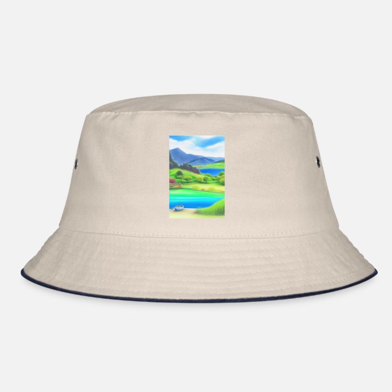 Landschaft mit See, Boot und Berge Bucket Hat