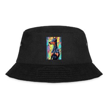 Dobermann vor buntem Hintergrund, Pop-Art modern - Bucket Hat - Schwarz - Vorne - Lela (165cm)