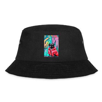 Pop-Art | Süßer Mops im roten Pelzmantel - Bucket Hat - Schwarz - Vorne - Lela (165cm)