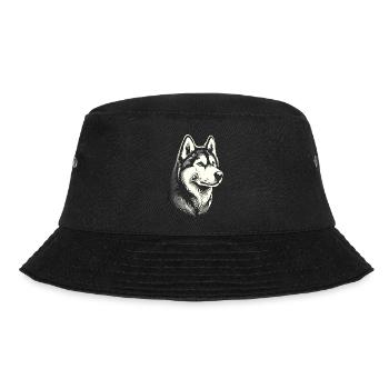 Huskykopf, schwarz-weiß, Hundeschlitten - Bucket Hat - Schwarz - Vorne - Lela (165cm)