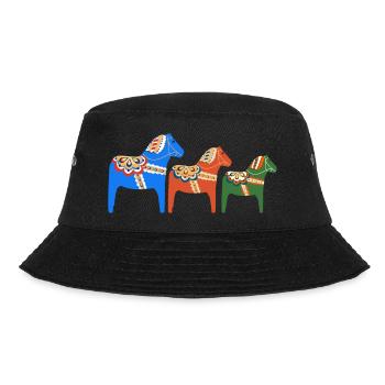3 chevaux Dala alignés en orange, bleu et vert - Bob - noir - Devant - Lela (165cm)