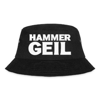 HAMMER GEIL – Handgezeichnetes Werkstatt-Design  - Bucket Hat - Schwarz - Vorne - Lela (165cm)