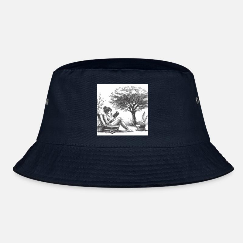 Frau trinkt Kaffee und liest ein Buch - Bucket Hat - Navy