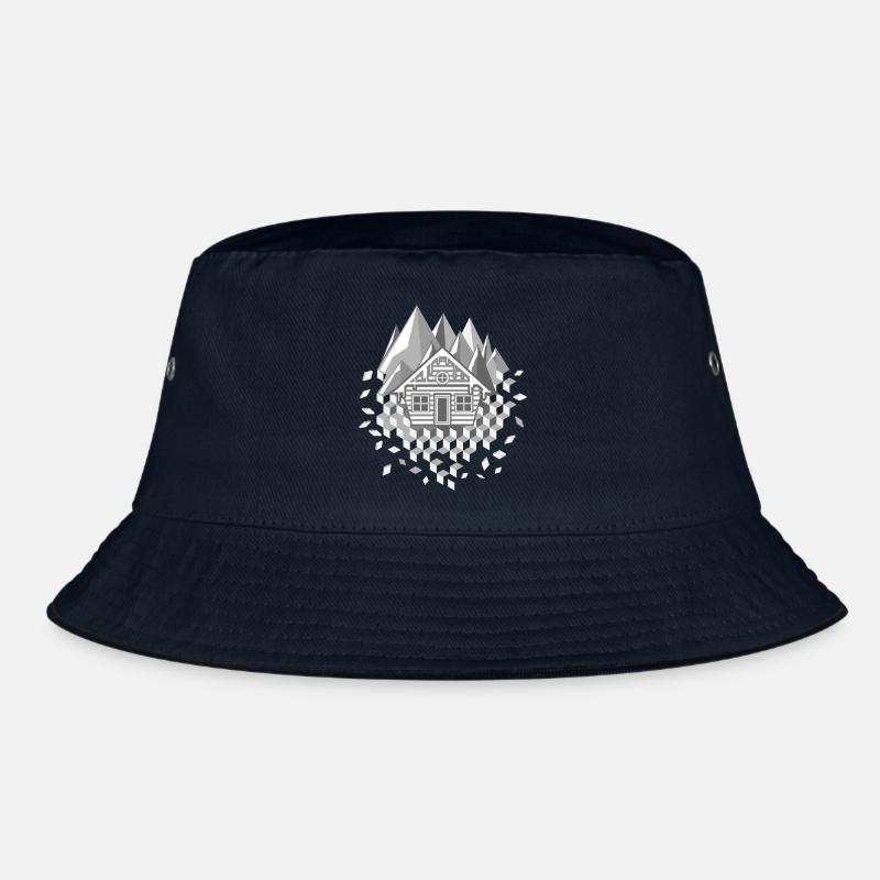extraordinary stylized hut and mountains Bucket Hat