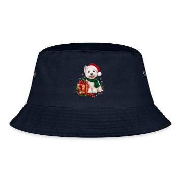 Weihnachts Westi mit Geschenk und Schal - Bucket Hat - Navy - Vorne