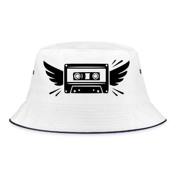 Retro Musikkassette mit Flügeln | 80er & 90er - Bucket Hat - Weiß/Navy - Vorne
