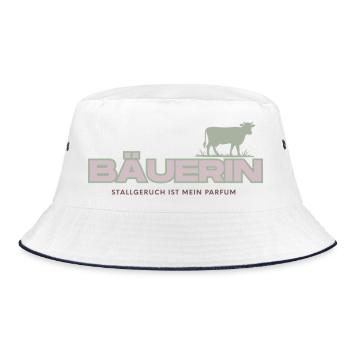 Bäuerin Deluxe – Stallgeruch ist mein Parfum - Bucket Hat - Weiß/Navy - Vorne