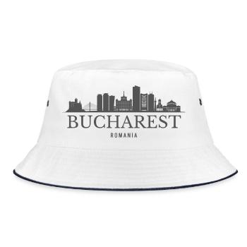 Bukarest-Rumänien-Skyline, Bukarester Silhouette - Bucket Hat - Weiß/Navy - Vorne