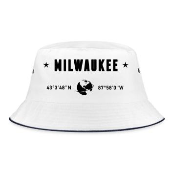 Milwaukee, Wisconsin, Koordinaten GPS-Globus - Bucket Hat - Weiß/Navy - Vorne