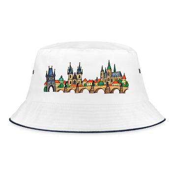 Prag als bunte Kinderzeichnung auf der Brücke - Bucket Hat - Weiß/Navy - Vorne