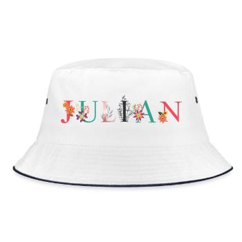 JULIAN Namenskunst mit gestickten Blumen - Bucket Hat - Weiß/Navy - Vorne