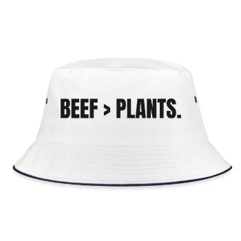 BEEF > PLANTS | Carnivore Steak statt Pflanzen - Bucket Hat - Weiß/Navy - Vorne