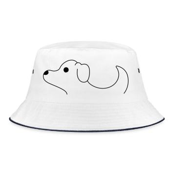 T-Shirt für Frauen und Männer mit Hund - Bucket Hat - Weiß/Navy - Vorne