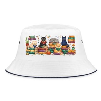 Lesende Katzen mit Bücherstapeln - Bucket Hat - Weiß/Navy - Vorne