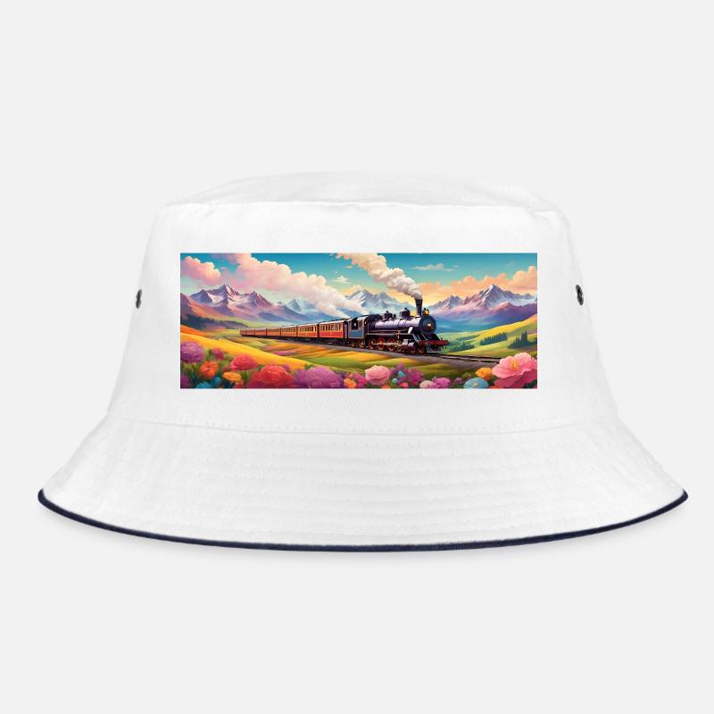 Nostalgic Railway Train with Steam Locomotive - Bucket Hat - white/navy