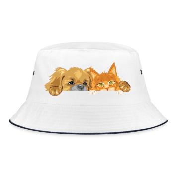 Pekingeserhund und Ginger Maine Coon-Katze - Bucket Hat - Weiß/Navy - Vorne