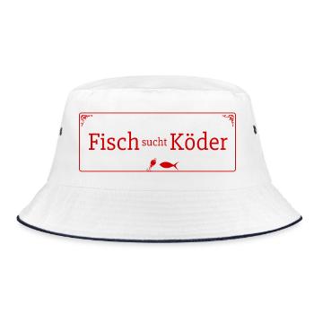 Fisch sucht Köder Vintage Angeln - Bucket Hat - Weiß/Navy - Vorne