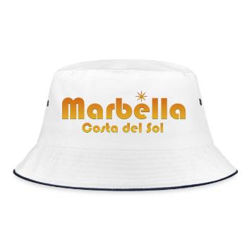 Marbella Costa del Sol-Sunburst Text - Bucket Hat - Weiß/Navy - Vorne