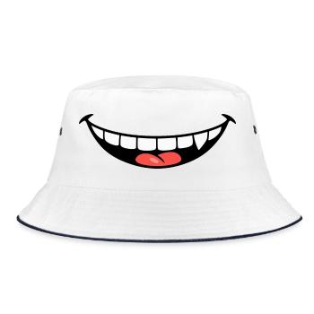 Freches Grinsen – Cartoon-Mund mit roter Zunge - Bucket Hat - Weiß/Navy - Vorne