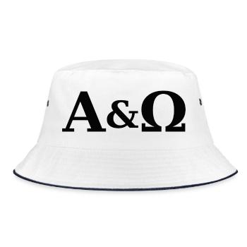 Alpha und Omega als  biblische Symbolik.  - Bucket Hat - Weiß/Navy - Vorne
