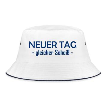 Neuer Tag - Gleicher Scheiss - Scheiß - Bucket Hat - Weiß/Navy - Vorne