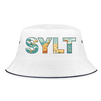 SYLT – Inselleben im Buchstaben-Design - Bucket Hat - Weiß/Navy - Vorne