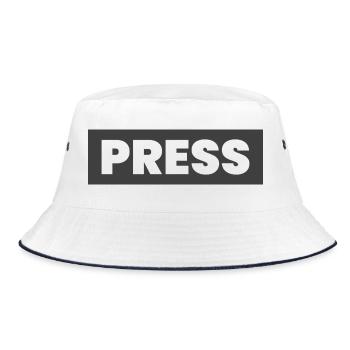 Press Design sagt "PRESS" Mediennachrichtenjournalisten - Bucket Hat - Weiß/Navy - Vorne