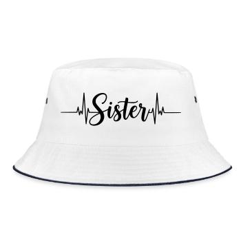Sister Schriftzug mit Herzschlag - Bucket Hat - Weiß/Navy - Vorne