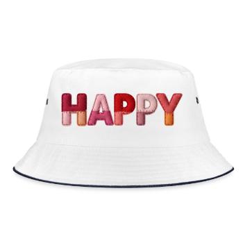 Happy Stoff Optik Typografie Trend - Bucket Hat - Weiß/Navy - Vorne