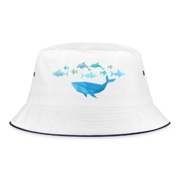Fische mit Wal im Origami-Stil - Bucket Hat - Weiß/Navy - Vorne