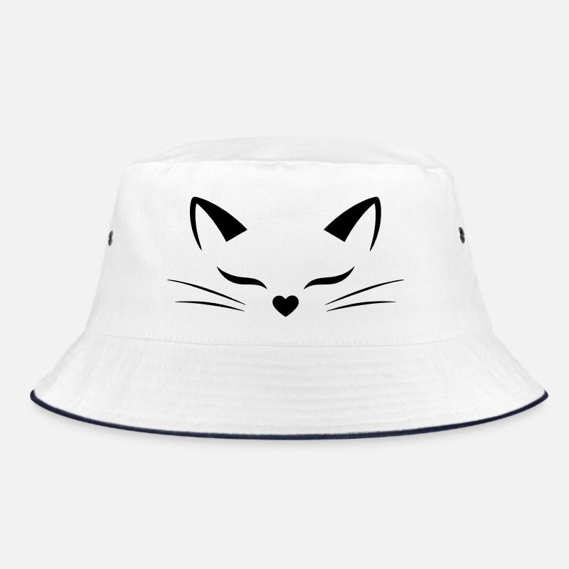 Cute Cat Face with Heart Nose | Line Art Style - Bucket Hat - white/navy