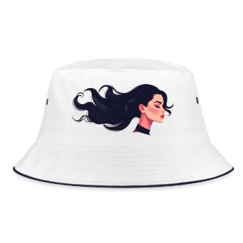 Fließende Frisur einer schwarzhaarigen Frau - Bucket Hat - Weiß/Navy - Vorne