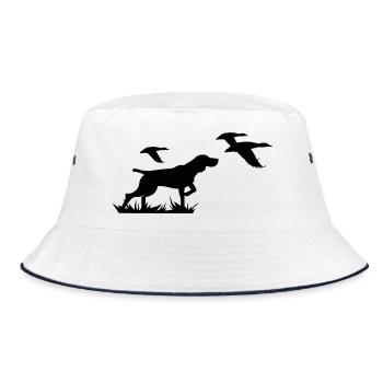 Laufender Hund Silhouette mit Vögeln - Entenjagd - Bucket Hat - Weiß/Navy - Vorne