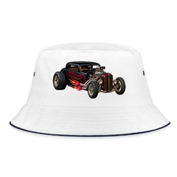 Flammenhotrod mit Chrommotor - Bucket Hat - Weiß/Navy - Vorne