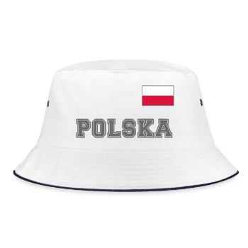 Polen Trikot Look – POLSKA mit Fahne bzw. Flagge - Bucket Hat - Weiß/Navy - Vorne