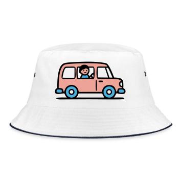 Pinker Schulbus Grafik - Bucket Hat - Weiß/Navy - Vorne