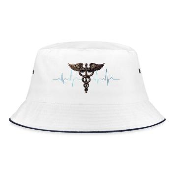 Flügel-Caduceus Herzschlag Design - Bucket Hat - Weiß/Navy - Vorne
