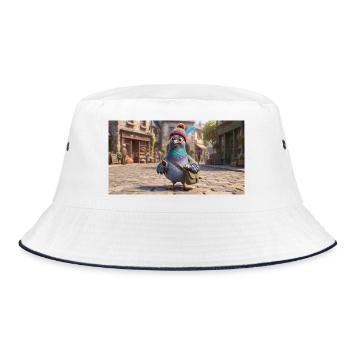 Traveler Pigeon in Beanie exploring European Town - Bucket Hat - white/navy - Front