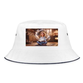 Magic of Reading: Girl with Flying Books in a Cozy - Bucket Hat - white/navy - Front