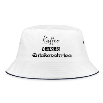 Coffee -> Learning -> Existential Crisis - Bucket Hat - white/navy - Front