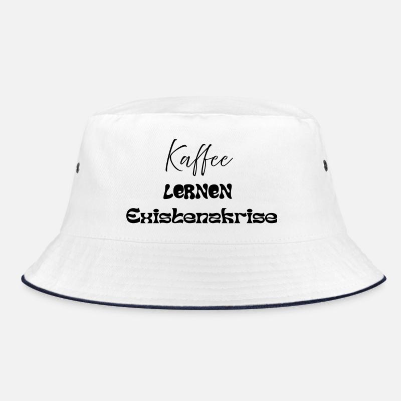 Kaffee -> Lernen -> Existenzkrise - Bucket Hat - Weiß/Navy
