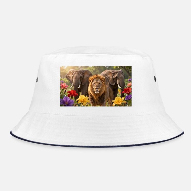 Des lions et des éléphants dans le champ de fleurs - Bob - blanc/marine