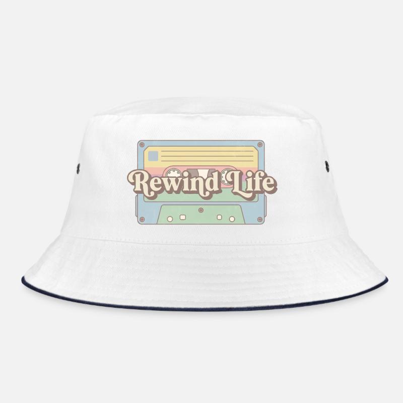 Rewind Life Retro Kassette - Bucket Hat - Weiß/Navy
