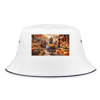 Cute Pigeon with Pumpkin at Autumn Market - Bucket Hat - Weiß/Navy - Vorne