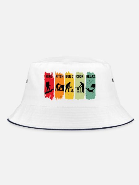 Retro Camping Steps Wanderung Pitch Camp Bushcraft - Bucket Hat - Weiß/Navy