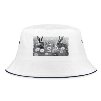 Bunnies on flower meadow GREY with frayed edge - Bucket Hat - white/navy - Front