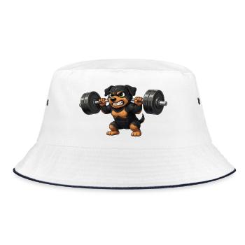 Cute Rottweiler Cartoon Weightlifter Fitness Bodysuit - Bucket Hat - white/navy - Front