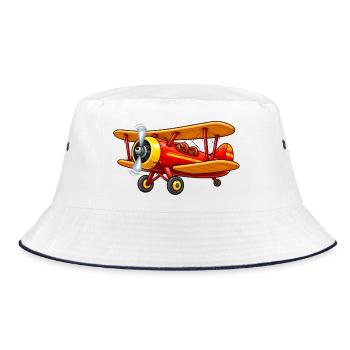 Doppeldecker Flugzeug Motiv Retro Cartoon  - Bucket Hat - Weiß/Navy - Vorne